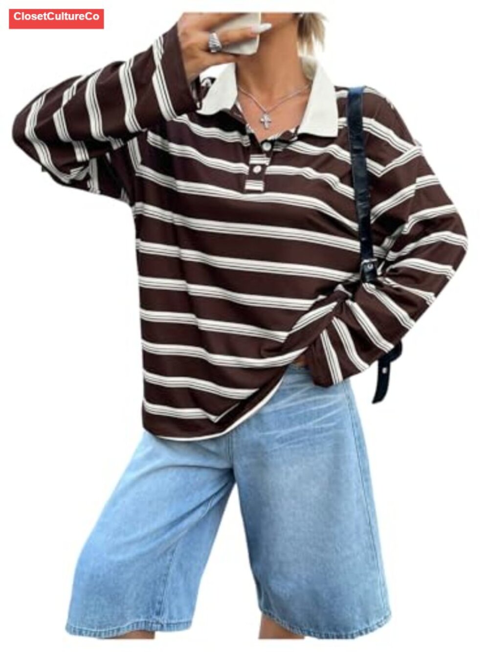 Striped Oversized Button Front Collared Long Sleeve T-Shirt